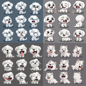 白色毛发小狗，漫画风格，快乐、伤心、大笑、哭泣、委屈、表情，互动动作序列，深灰色背景，vector illustration，chibi风格，8k质量，sticker group8素材，高饱和度，明亮，卡通渲染，扁平化设计，动态姿势，情感表达，细节丰富，色彩鲜艳，表情夸张，动作流畅，情感丰富，互动性强。