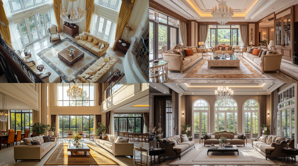 跃层别墅客厅，方形地毯居中，欧式家具，欧式别墅，大落地窗，下午茶时光，高级装修，广角镜头，温馨色调，细腻质感，舒适氛围，家居生活，惬意时光，高级感，优雅布局，家居装饰，干净背景，水晶吊灯，