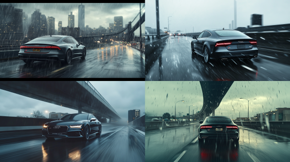 下雨天，高架桥，高速驾驶的17款奥迪a7，广角镜头，细腻质感，电影色调，高级感，大片感。