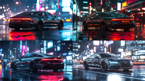 镀铬17款奥迪a7，te37轮毂，赛博朋克城市夜景，微雨路面，低角度拍摄，冷暖色对比，霓虹灯光反射，光斑效果，动态模糊，金属质感，未来科技感，孤独氛围，左下角构图，高光细节，暗部层次，锐利焦点。