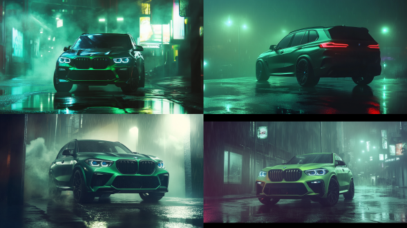 墨绿色宝马x5，城市大雾，抽象形状，明亮色彩，电影质感，几何元素，光影效果，视觉冲击，创意排列，现代感。