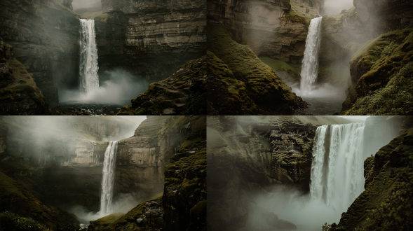spectacular waterfall views, wallpaper, masterpiece, photorealism, waterfalls crashing into deep underground pools, stunning scenes, dim natural light, studio lighting, ciematic storytelling, low saturation, 8k, superdetail, dark style, heavy fog