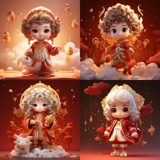 可爱生肖宝宝，祥云环绕，《山海经》风格，泡泡玛特风格，全身像，精致刺绣服饰，红白金配色，蓬松头发，结合中国古代神话主题，红色背景，octane render，blender，闪烁光线。