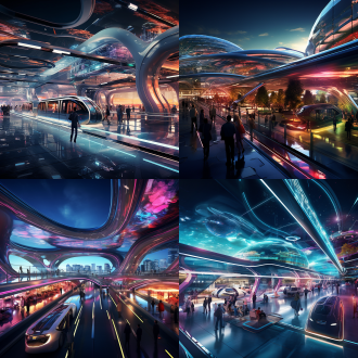 未来科技梦幻机场，航站楼赛博风格，流线型设计，金属质感，霓虹灯光，全景玻璃，空中列车穿梭，未来感十足。高分辨率，超现实，未来主义，金属光泽，霓虹色彩，广角镜头，顶光，动态模糊，科技感，梦幻感。