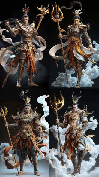 二郎神神话人物，手持三尖两刃枪，超精细3d渲染，8k分辨率