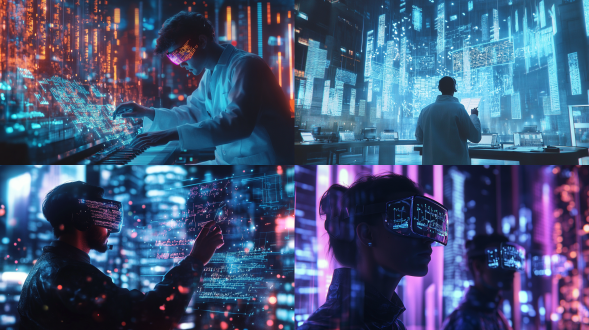 未来实验室，科学家戴ar眼镜在空中编写发光乐谱，全息音符漂浮，高科技感，科幻风格，超现实，4k细节写实风格，电影级质感，电影渲染，电影级光效，未来城市