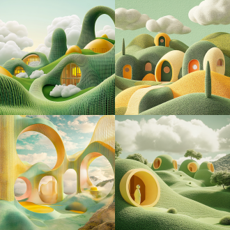 色彩场景，受赤穂麻美启发，圆润建筑，绿色山丘区，纹理网趋势，变形宽屏，材质设计，高度细节圆润形态，高度细节云朵，绿黄配色，安娜贝尔·艾尔斯风格，柔和游乐，圆润