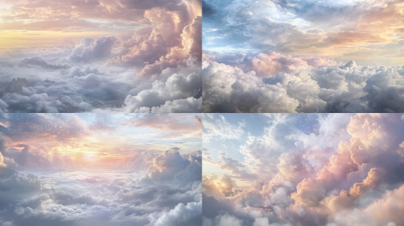 写实仙侠全景，云海天际线，晴天俯视鸟瞰，三分法构图，大气环境，超广角镜头，顶光，暖冷色调交织，奇幻，震撼。 星云 梦幻云彩