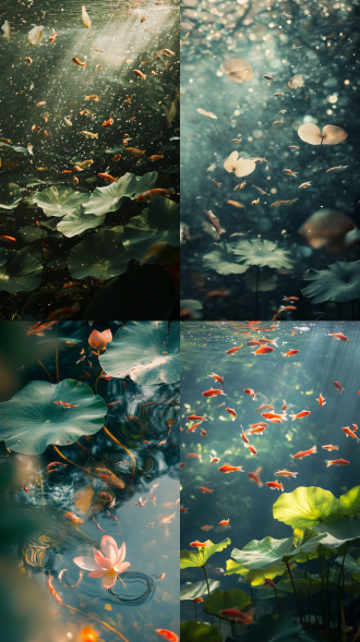 莲叶北边小鱼群快速游动穿梭，对角线构图，国风水墨风池塘，暖光，长焦，动感模糊，追逐，神秘氛围。