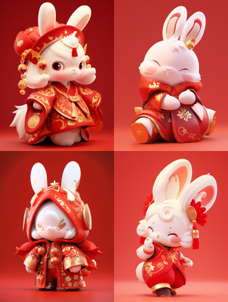 a cute rabbit, red traditional chinese clothing with golden patterns, 3d blindbox character, c4d rendering, the twelve zodiac signs of china,red background