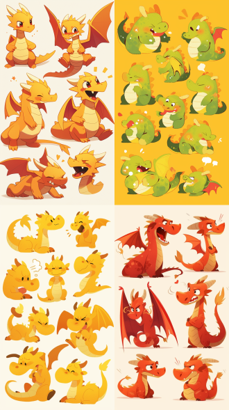 龙吉祥物，多姿势表情，开心伤心生气，纯线插图，纯色填充，圆胖可爱，简洁线条，明亮色彩，商业广告，卡通插画，品牌形象，动态捕捉，平面设计，柔和光线，温馨氛围，亲和力，活泼生动。