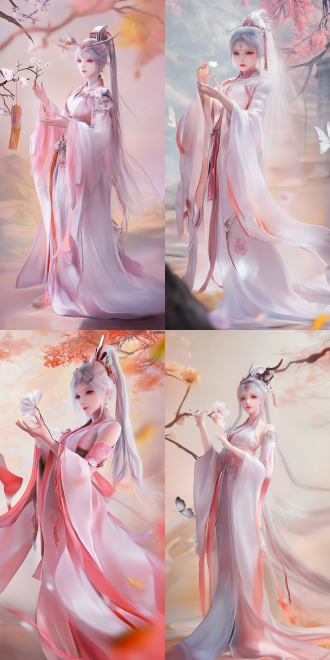2. 5 d cgi anime fantasy artwork, elegant lady with alabaster skin, ( ( character concept art ) ), white blossoms, oc rendered, unreal engine lumen, statue of the perfect woman, harmony of butterfly, medibang, long silver hair with a flower, full body wuxia, artdoll, highly realistic and intricate