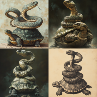 底部一只乌龟，上部一条蛇，蛇缠绕在龟甲上两圈，蛇头高挺，乌龟伸着头，蛇和乌龟融为一体，上古巨型神兽