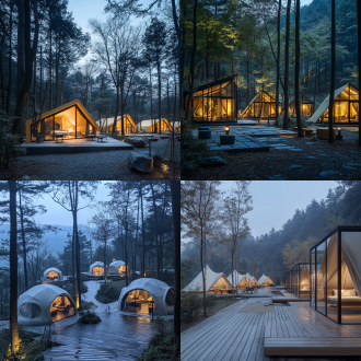 山腰星空屋康养营地被林木环绕，帐篷错落，游客休憩，宁静氛围，冷色调，全景镜头，顶光，放松，清新。