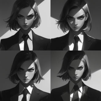 中性女人，职场装扮，西装革履，酷飒风格，黑白色调，冷硬光感，直线条，对称构图，办公室环境，长焦镜头，高光对比，严肃表情，自信姿态，专业氛围。