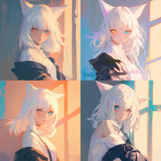 白发少女，猫耳朵，异瞳，无表情，白皙皮肤，精致面容，超高清，柔和光线，室内，自然光，长焦镜头，细腻质感，冷色调，神秘感。