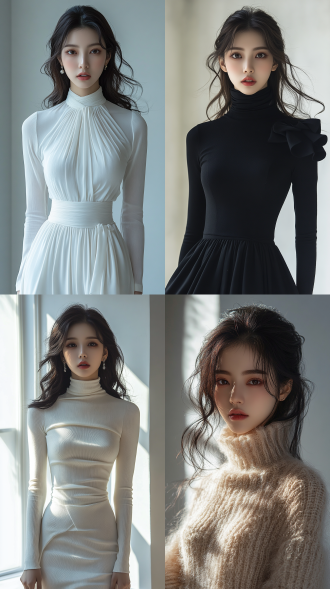 中国长头发年轻美女， 不规则半身裙秋冬新款高腰显瘦a字裙遮胯辣妹百搭短裙 ，皮肤超白，超高颜值，御姐气质，网红脸，微笑，现代风格，质感，正面特写，近照，超清晰分辨率，冷色调，高对比度，自然光，广角镜头，正面视角，优雅，自信，白色背景墙