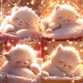 小猫咪睡觉，夜晚，极简主义，简单细节，ip形象，柔和光线，低饱和度，特写镜头，安静，舒适，温馨。