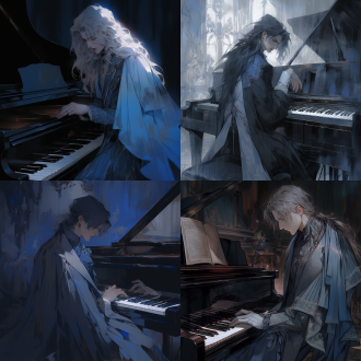 钢琴王子忧郁，幽蓝色调，半身像，室内，柔和光线，长袍，深邃眼神，钢琴旁，细节丰富，情绪低沉，冷色调，肖像风格。