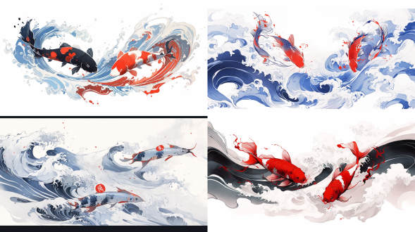 中国水墨画，两条鱼在浪花起伏，水波纹中嬉耍，传统写意黑白水墨画，8k高清，红蓝色调，中国风，远景侧光，动感强，喜庆吉祥。