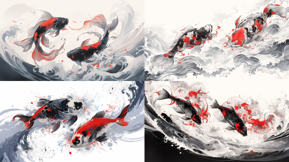中国水墨画，两条鱼在浪花起伏，水波纹中嬉耍，传统写意黑白水墨画，8k高清，红蓝色调，中国风，远景侧光，动感强，喜庆吉祥。