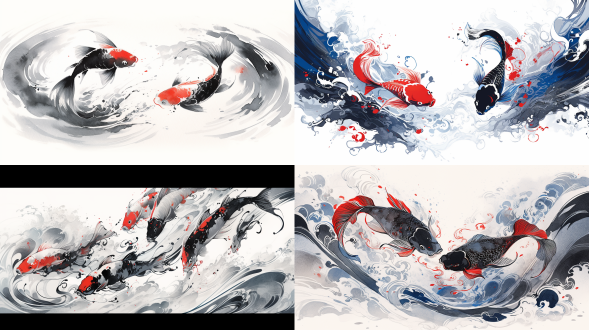 中国水墨画，两条鱼在浪花起伏，水波纹中嬉耍，传统写意黑白水墨画，8k高清，红蓝色调，中国风，远景侧光，动感强，喜庆吉祥。