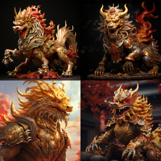 金色的中国麒麟，穿着黄金铠甲，抬头挺胸，金色和红色的色调增加了神秘感和古老的氛围。震撼人心，庄严威武。宏伟的龙头高昂，双目炯炯有神。整个画面充满力量和威严，神圣气息。