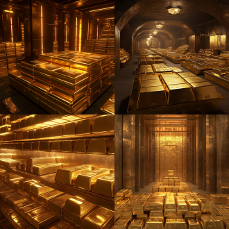 金砖、金条布满金库，光滑质感，室内场景，顶光，8k分辨率，9:16画幅，金色主调，沉稳大气。