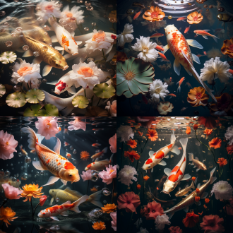 水下鱼含荷花与元宝遍布，对称构图，奇幻风格，海洋环境，微距镜头，顶光，清晰，灵动，金色为主色调，梦幻。