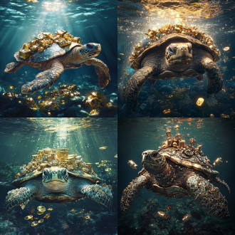 巨型乌龟驮金银珠宝于海水，金币元宝散布，对称构图，水下，微距镜头，顶光，奇幻风，金色主调，神秘惊艳 。