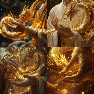 和尚十指合一被金龙缠绕，宏大极简场景，c4d渲染，幻想艺术风，史诗灯光，超高清，精细细节，吉田昭彦风格，暖金调色 。