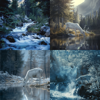 白鹿山间喝水，三分构图，自然山林景，长焦镜头，逆光，慢快门，动态水流，毛色洁白，宁静氛围，清新色调。