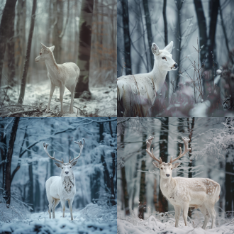 白色麋鹿，占据画面中心，全景 9：16 构图，森林雪景，冷色调，长焦镜头，顶光，安静伫立，神秘空灵，超写实风格。