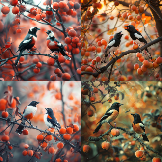 两只喜鹊在柿子树上鸣叫，三分构图，自然场景，长焦镜头，暖光，清晰细节，欢快姿态，红黑配色，活泼喜悦氛围。