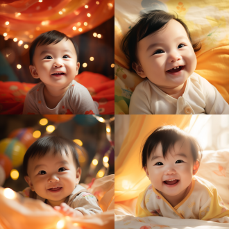 中国婴儿开心笑，中心构图，温馨室内，柔和色调，特写镜头，顶光，纯真笑容，萌态，喜悦，色彩明亮。