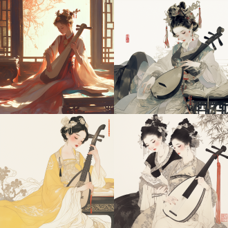 唐宋时期中国画中的美丽女性，抚琴、饮酒、弹琵琶、看书，色彩丰富，服饰华丽，背景白色，超细节，杰作，32k，唯美，古典风格，人物主题，传统服饰，华丽细节，深邃色彩。对角线布局，高对比度，室内，暖色调，广角镜头，侧光，慢快门，优雅，宁静。