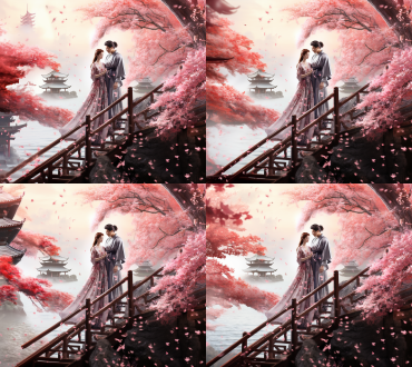 swordsman couple, small bridge and flowing water, romantic atmosphere, 3d rendering, ultra-wide-angle lens, delicate details, high image quality, soft light, sweet expressions, intimate poses, 白塔，bright colors, sense of happiness. chinese ink