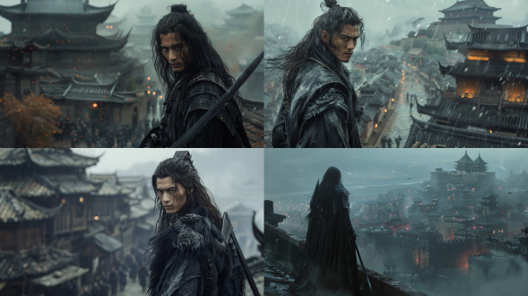 长发少年，黑色龙袍，黑色长刀，城墙俯视，军队，冷峻面容，复古黑暗，高细节，超质量，高分辨率，fhd，1080p，2k，4k，8k，高角度视图，高清，广角镜头，侧光，紧张氛围，深色调，历史感，权力象征。