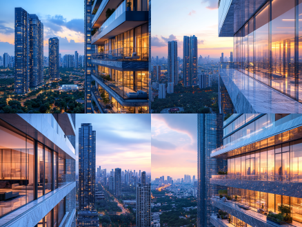 住宅高层，大理石和玻璃，玻璃幕墙反射城市天际线，新古典主义住宅建筑风格，周围住宅楼群环绕，玻璃局部特写，一点透视，平视视角，冷色调，电影级光影，照片级效果，超高分辨率，高质量，长焦镜头，黄昏逆光，柔和自然光，对称构图，宁静，未来感。