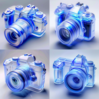相机图标、等距图标、蓝色磨砂玻璃、白色内部丙烯酸材料、具有透明技术感的白色背景、数据可视化风格、工作室照明、c4d、混音器、辛烷渲染、高细节8k、hd
