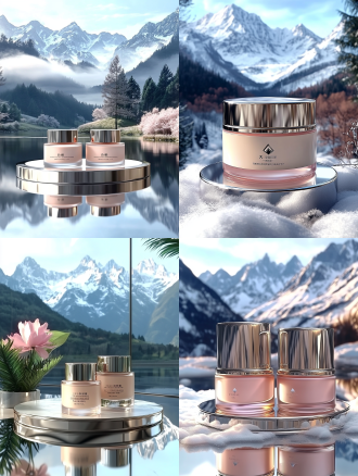 裸眼3d白金色雪山场景，中央白金台放两罐高档化妆品，白雪山连绵，白雪地反光，柔和自然光，4k，3d渲染，pbr，优雅梦幻。 雪山 洞穴