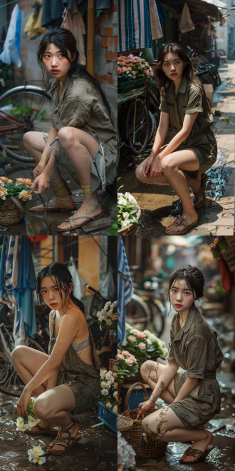 a realistic lifestyle photograph of a beautiful young chinese woman, facial details: faint dark circles under honey-brown eyes, lips chapped with barely-there peach balm, hair tightly pulled back revealing a small mole near hairline, sweat-dampened baby hairs along temples. leg details: matte compression stockings with visible veins on calves, a loose thread near the left heel, damp patches on ankles from splashed water, right knee slightly reddened from kneeling. outfit: oversized olive work shirt tucked into khaki cycling shorts, leather sandals with strap indentations on ankles. pose: crouching at a flower stall, left leg extended with toes pressing into wet cobblestones, right knee bent to expose thigh muscle tension, right hand hovering over gardenias while left hand grips a woven basket tilting sideways. scene: early morning in shanghai's yongkang road, sunlight filtering through blue-striped laundry hanging on bamboo poles, rusty bicycles piled against ochre walls, puddles reflecting vegetable crates and old woman's floral apron.