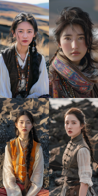 a realistic lifestyle photograph of a beautiful young chinese woman, [面容] almond-shaped eyes with amber-grey heterochromia, 0.3mm tear mole under right lower eyelid, sharp philtrum ridge creating distinct cupid's bow, sunlight catching faint freckle clusters on zygomatic arches, [腿部] greek foot type with diamond-shaped ankle protrusion, 72° knee flexion revealing gastrocnemius tension lines, 18mm popliteal fossa depth accentuated by 12-denier nylon sheen, [穿搭] modified tibetan pulu vest with yak hair trim, high-waisted equestrian trousers tapering at mid-calf, interlaced braids reinforced with kevlar fibers, [动作] dynamic c-posture with 85% weight shift to left leg, right toes lightly brushing volcanic glass surface, [表情] transient micro-expression of surprise with 12% zygomatic major activation, [场景] late afternoon light fracturing through hexagonal basalt columns, prismatic reflections from pleistocene-era lakebed, wind-sculpted tephra formations casting geometric shadows across obsidian shore.