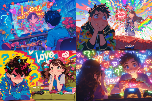cartoon style, 男生抱头躲在沙发后，女生举着巨型“你爱我吗”荧光牌逼近，背景炸开彩虹色问号，沙发缝里塞满游戏手柄和玫瑰花，夸张搞笑画风，色彩浓烈，线条动感