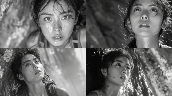 美丽中国年轻女子，对角线构图，灰岩裂缝场景，侧光，长焦镜头，高分辨率，黑白色调，忍耐表情，攀爬动作，细节逼真。