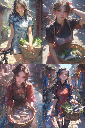 a realistic lifestyle photograph of a beautiful young chinese woman holding a bamboo basket brimming with silver fish and dewy lettuce. her 冷白皮captures清晨冷调光线，颧骨小痣随鼻尖细汗微颤，干燥黑发黏着韭菜碎屑随41°角晨风飘成抛物线。15d牛奶丝袜膝关节象棋格暗纹随小腿摆动解析菜场博弈论，塑料凉鞋带在脚背烙刻0.3cm力学印记，pvc透明围裙下摆挂坠的蔫缩香椿叶掠过青石板青苔。小腿肌腱在躲避三轮车时绷出巴洛克式凸起，舌尖无意识抵住上唇的力度精准匹配右臂鱼尾挣扎频率。杭州大马弄巷道的悬浮蒸雾粒子如曼德博集合蔓延，活禽摊迹与豆浆摊蒸汽在丝袜表层凝结成糖霜状微晶体，晾衣绳阴影将身体切割为市井浮世绘图层。