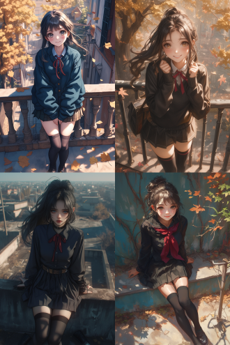 a realistic lifestyle photograph of a beautiful young chinese woman with delicate oval face, slightly flushed cheeks, and moist-looking lips. her expressive almond-shaped eyes have a soft gaze under neatly curled lashes, hair tied in a high ponytail with loose strands framing her face. her legs are clad in matte navy over-knee socks with subtle ribbed texture, one knee slightly bent forward to accentuate taut calf muscles. wearing a traditional japanese-style school uniform: navy blazer with red ribbon tie, white collared shirt, pleated skirt neatly covering the socks' top edge. standing in relaxed yet balanced pose—left hand resting on weathered iron railing, right fingers lightly holding a half-open textbook, right leg poised on tiptoe. the scene unfolds on a deserted rooftop at golden hour, warm sunlight streaming through distant trees, casting long shadows across peeling concrete. a few autumn leaves drift near her polished loafers, while a forgotten sketchpad lies abandoned on a rusting chair nearby