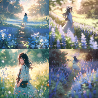 午后草地尽头花路，女孩着淡蓝碎花裙漫步，繁花簇拥，侧光暖色调，中长焦镜头，轻柔动作，梦幻，清新。