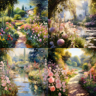 莫奈花园，全景构图，色彩柔和，宁静氛围，花园风光，印象派风格，长焦镜头，自然光，繁花绿植，淡雅色调，闲适。