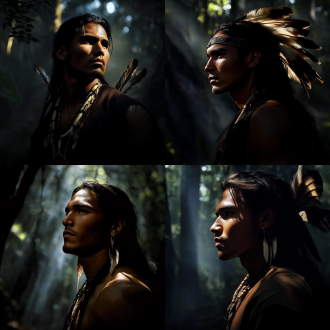 年轻印第安勇士丛林中凝视前方，三分构图，神秘氛围，长焦镜头，自然光，绿色调，坚毅神情，安静姿态，原始元素，沉稳。